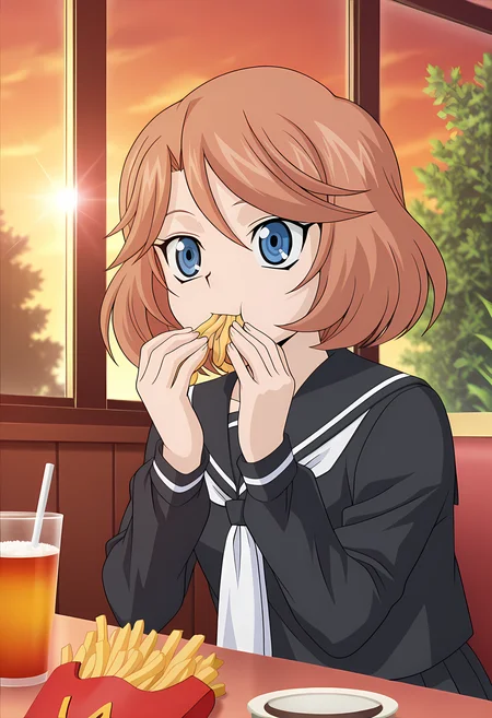masterpiece,best quality,amazing quality,
1girl, solo, face focus,
Emi Sendou (Cardfight Vanguard), short hair, brown hair, blue eyes, school uniform, black serafuku, black skirt, pleated skirt, white neckerchief, long sleeves, pleated skirt, black footwear, mary janes,
cinematic, upper body, eating french fries,
Sit, sitting, glass, cafe, greenery,
afternoon, sunset,
Lens flare, bloom,
Official style, anime screencap, anime coloring,