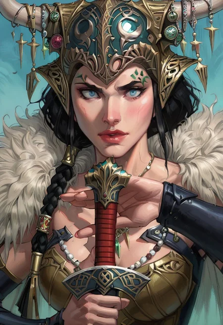 score_9,score_8_up,score_7_up,score_6_up, easynegative, SJ_Style, wowobldlns, long hair, low-tied long hair, 1girl, holding weapon, holding sword, braid, looking at viewer, helmet, necklace, jewelry, armor, long hair, lips, blue eyes, horns, black hair
