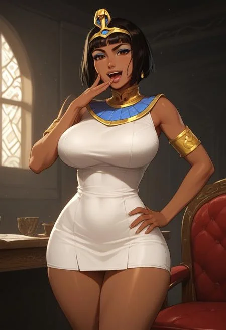 score_9, score_8_up, score_7_up, BREAK, opala, dark-skinned female, egyptian female, caramel skin, big breasts, black hair, bangs, bob cut, brown eyes, blue eyeshadow, circlet, armlet, choker, white dress,thick thighs, thick body,standing proudly, looking at viewer, csr style, hand on hip,curvy leggings,big breasts, best quality, masterpiece,detailed background, Red chair, oak desk, inside study room, ojou-sama pose, laughing, smug, hand to own mouth, open mouth,