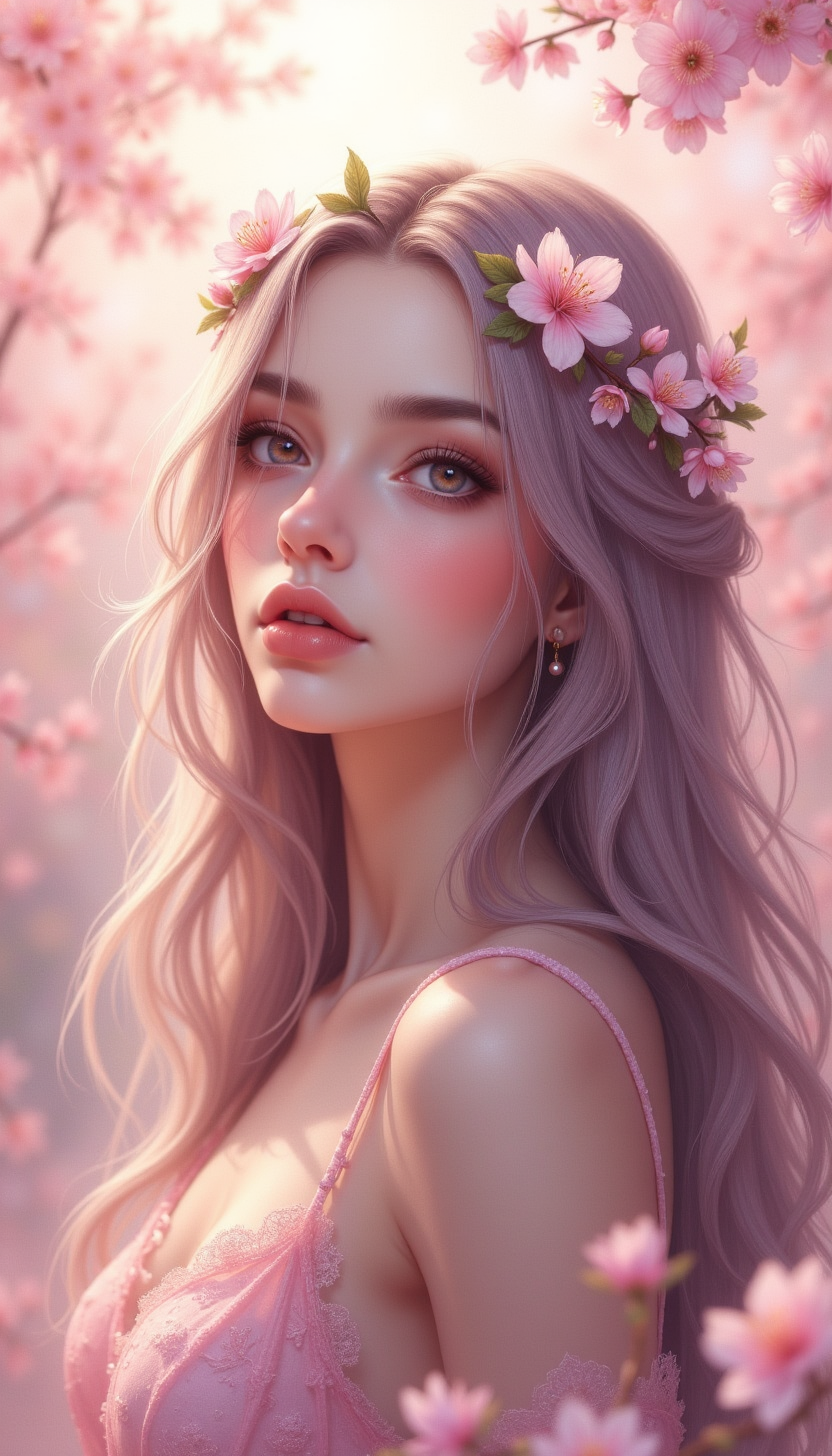 A high-quality digital artwork in the style of pinkdarkcanvas,
a radiant woman with soft, peach-toned skin and large, pastel pink eyes that sparkle like rose quartz. Her wavy hair flows in hues of pastel lavender and pale rose, adorned with blooming cherry blossoms. She wears a delicate floral crown with small pearls intertwined. Behind her, a garden of soft, blooming flowers fades into a dreamy, sunlit bokeh.