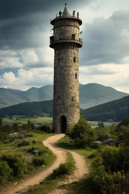 realistic analog photo, award winning photo, vary wide shot of stone witow tower:1.3, (Military watchtower), scenery, hills, dirt road, nature, outdoors, RAW, highres, 8k, uhd, High Dynamic Range, tonemapping, crisp details,