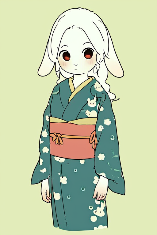 furry,by yagi the goat,White rabbit girl,long hair,Short stature,Skinny body,solo,Short stature,Skinny body,score_9,score_8_up,score_7_up,(cute expression, cute face:1.1),simple background,looking at viewer,blush,early teen,flat chest,<lora:Yagi_the_Goat_ai:1>,print_kimono,furisode,obi,sash,rabbit ear,