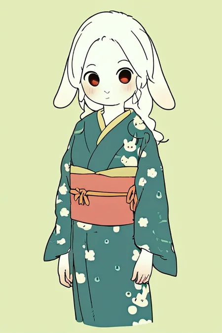 furry,by yagi the goat,White rabbit girl,long hair,Short stature,Skinny body,solo,Short stature,Skinny body,score_9,score_8_up,score_7_up,(cute expression, cute face:1.1),simple background,looking at viewer,blush,early teen,flat chest,<lora:Yagi_the_Goat_ai:1>,print_kimono,furisode,obi,sash,rabbit ear,