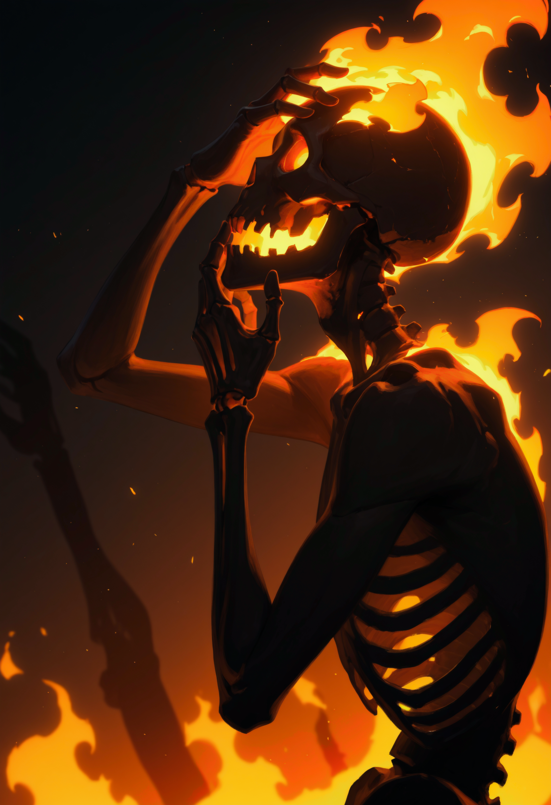 <lora:Infernal_12:1>, solo, 1other, skeleton, flaming eyes, fiery hair,
fire, burning, from side, silhouette, looking up, hand on own head, hands up, very awa, masterpiece, best quality, highres, absurdres