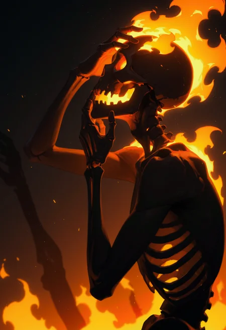 <lora:Infernal_12:1>, solo, 1other, skeleton, flaming eyes, fiery hair,
fire, burning, from side, silhouette, looking up, hand on own head, hands up, very awa, masterpiece, best quality, highres, absurdres