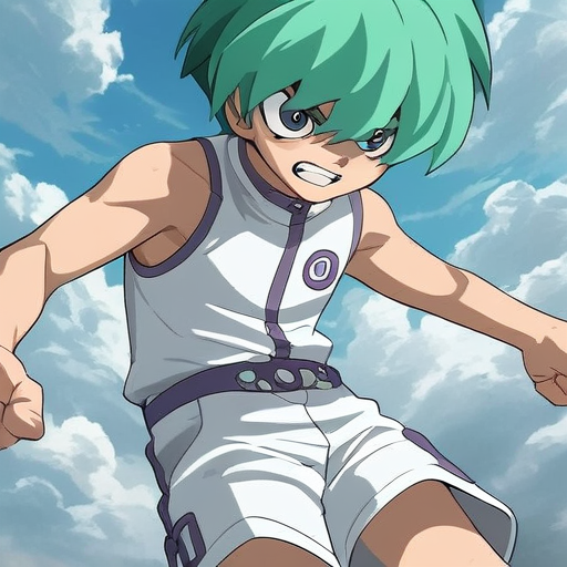 <lora:Noah_Kaiba_PONY:1> white shorts, duel disk, open mouth, cloud, clenched teeth, shorts, green hair, solo, 1boy, short hair, upperbody, grining score_9, score_8_up, score_7_up, score_6_up, masterpiece, best quality, amazing quality, best aesthetic, detailed face, source_anime