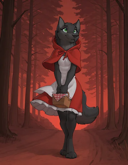 zaush,
a female anthro wolf dressed as the little red riding hood, red background, playful, forest silhouette, talking, picnic basket, dark fur, (full-length portrait:0.6), standing:walking:0.5, solo, wind, green eyes,
<lora:Zaush_-_Art_Style_Illustrious:1>,
