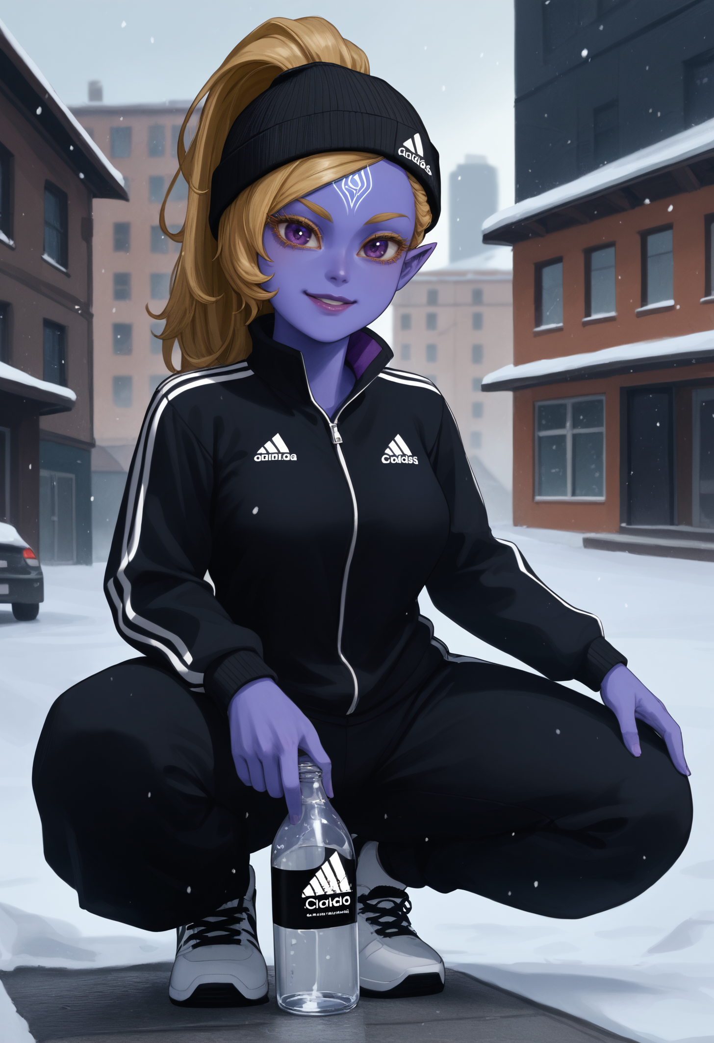 score_9, score_8_up, score_7_up, 1girl, sovasub, purple skin, purple eyes, eyelashes, pointy ears, purple lips, blonde hair, high ponytail, long hair, forehead mark, large breasts,
black tracksuit, adidas tracksuit, black beanie, black headwear, black hat,
looking at viewer, looking at viewer, smile, squatting, holding vodka, vodka bottle,
outdoors, sky, snowing, winter, wall, cinder block, apartment building,
<lora:Subverse-Sova-PDXL_V1-Manityro-CAME:1.0>,