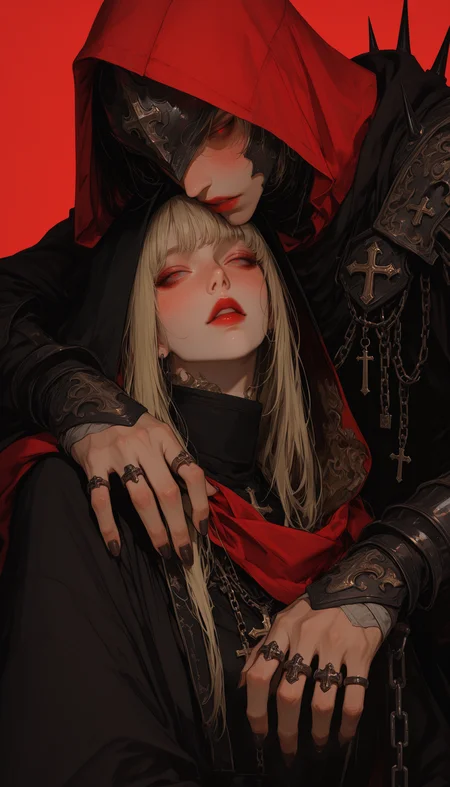 masterpiece, best quality, absurdres, highres, 1girl, blush, bangs, blonde hair, simple background, red eyes, long sleeves, 1boy, jewelry, upper body, parted lips, hood, armor, grey eyes, chain, ring, helmet, cross, cloak, red background, spikes, hood up, red lips, red hood,
<lora:fashiongirl-v1-ILXL:0.13> <lora:GigKPyg0GDo:0.5> <lora:MoriiMee_Gothic_Niji_Style_Illustrious_r1:0.13> <lora:niji_Semi-Realistic_Style:0.25> <lora:NijijourneyNoob_byKonan:0.25> <lora:NOOB_EPSv1_1_detailer_by_vlnvk_v1_0:0.25> <lora:Sinozick_style:0.25>