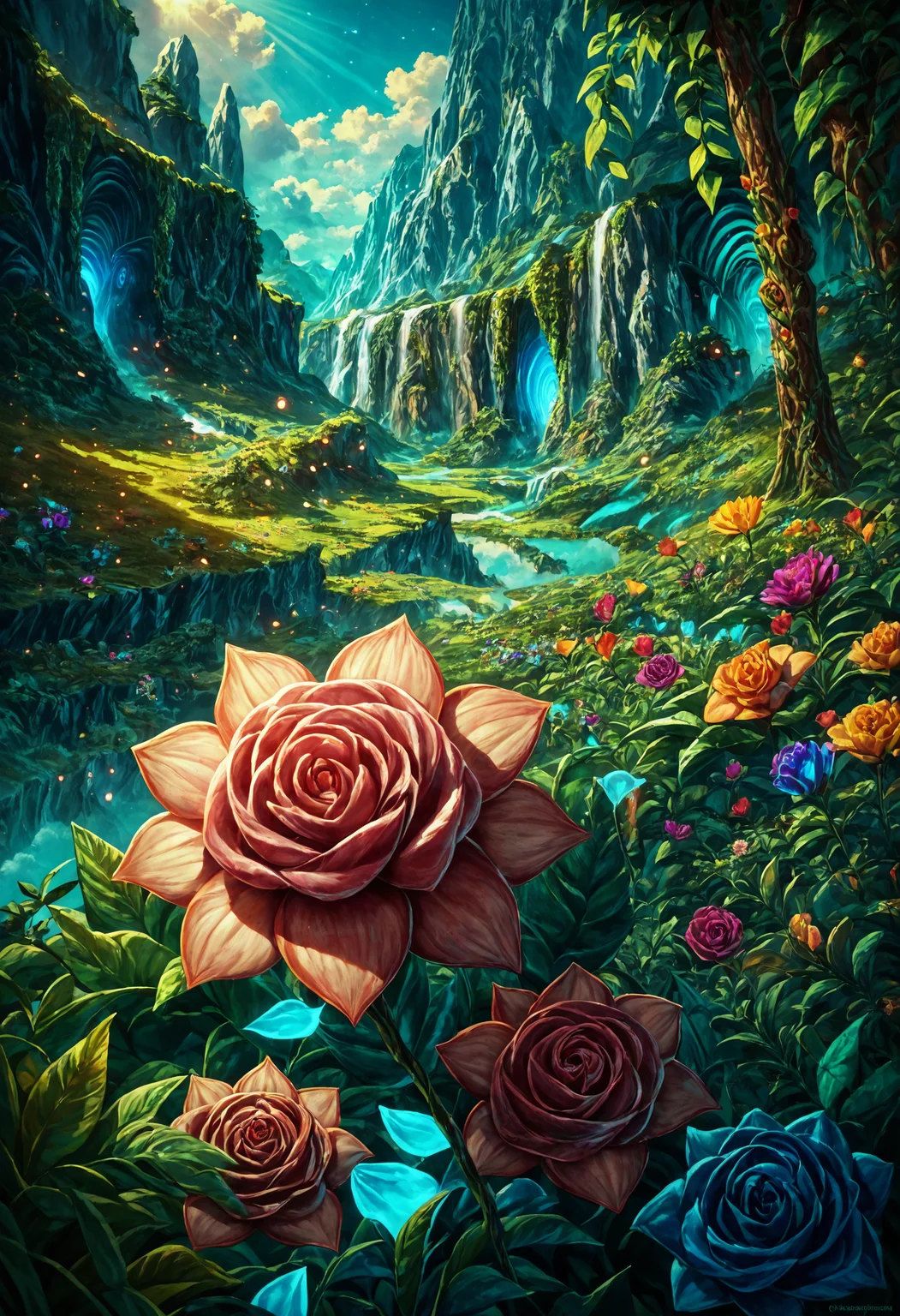 score_9, score_8_up, score_7_up, detailed, detailed background,mesmerise celestial moonlight,floral atmosphere,vibrant light-trail effect on a realistic,hyperdetailed glowing floral,luminous foliage,dreamlike oasis-garden, landscape, wide shot,