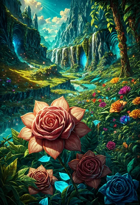 score_9, score_8_up, score_7_up, detailed, detailed background,mesmerise celestial moonlight,floral atmosphere,vibrant light-trail effect on a realistic,hyperdetailed glowing floral,luminous foliage,dreamlike oasis-garden, landscape, wide shot,