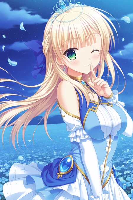 masterpiece, best quality, high quality, detailed, absurdres,newest, scenery, 1girl, solo, official style,best perspective,depth of field, very_aesthetic, best_quality ,high_resolusion, (8K:1.5),,crisp quality, ultra detailed,perfect anatomy,perfect lighting,anime screencap, perfect eyes,detailed eyes, <lora:Sylvia_Final_IL:1>,1girl,Sylvia,blonde hair,long hair,green eyes, bangs,princess sylvia,blue dress,white dress, layered dress, frilled dress, fantasy outfit,gold trim,detached sleeves, bare shoulders, tiara, gemstone jewelry, necklace, earrings, ornate, hair ribbon, single_hair_ribbon, large_hair_ribbon, blue_hair_ribbon, back_tied_hair_ribbon, white pantyhose,
1girl, solo, one eye closed, flower, finger to mouth, looking at viewer, smile, sky, petals, outdoors, blue flower, field, ;), cloud, from side, closed mouth, shushing, floating hair, flower field,index finger raised, hand up, blue sky, standing,(night:1.3),(upper body:1.2),perfect hands,