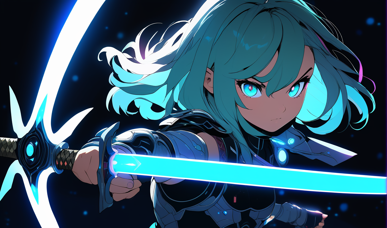 sword focus, cute, masterpiece, best quality, 1girl, solo, futuristic, intricate sword pointing down, looking at viewer, portrait, black background, simple background, glow in the dark, sci-fi, multicolored hair, aqua eyes, warrior