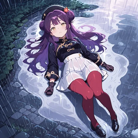 (masterpiece),(best quality),(ultra-detailed),(best illustration),(best shadow),(absurdres),(detailed background),(very aesthetic), simple background, visual novel sprite, 1girl, solo, <lora:Rein:1>, purple hair, yellow eyes, long hair, hair buns, black hat beret, black chinese clothes, long sleeves, white skirt, pleated skirt, midi skirt, red pantyhose, black silk gloves, black loafers, small breasts, full body, lying on floor, from above, rain, puddle, wet, cobblestone, parted lips,