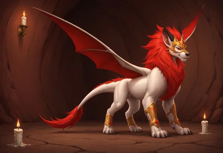 reallynxgirl_style, solo, feral, full body, rosard, furry dragon, white body, white lion head, golden mask on face, red eyes, black nose, black bridge of nose, ((bat black ears)), (((long ears))), ((red mane)), red webbed wings, long white dragon tail with red tassel, gold bracelets on paws, dark cave, candles, detailed background