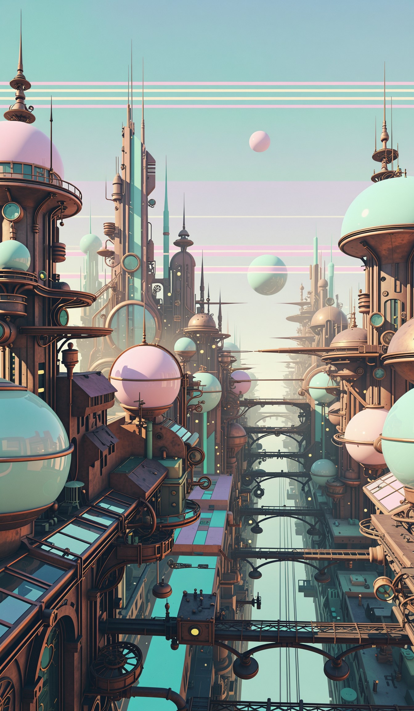 pastel colors, translucent society, ancient probes, retrofuturistic city, steampunk, parallel lines