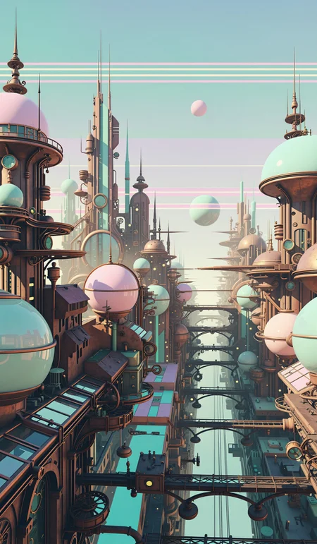 pastel colors, translucent society, ancient probes, retrofuturistic city, steampunk, parallel lines