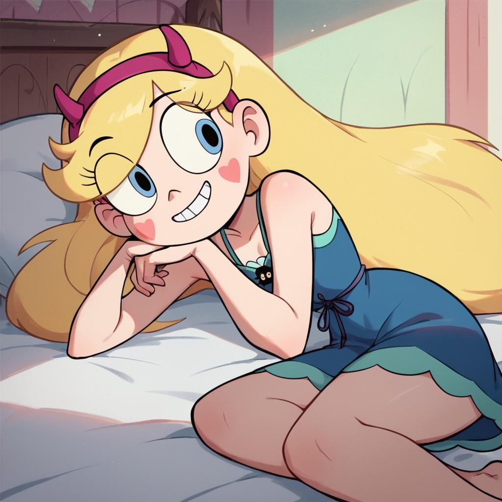 score_9, score_8_up, score_7_up, 1girl, StarButterfly, blonde hair, long hair, blue eyes, heart, hairband, fake horns, horned headwear, flat chest, narrow waist, wide hips, nightgown, lying, on bed, on side, smirk, highres, high quality, masterpiece, <lora:Star_Butterfly:1>