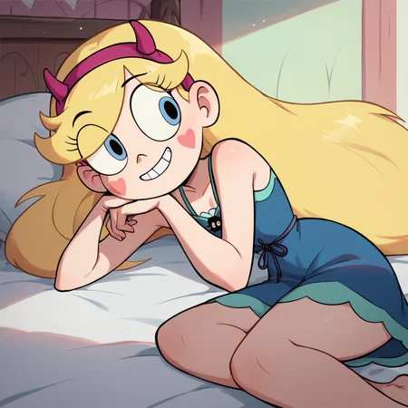 score_9, score_8_up, score_7_up, 1girl, StarButterfly, blonde hair, long hair, blue eyes, heart, hairband, fake horns, horned headwear, flat chest, narrow waist, wide hips, nightgown, lying, on bed, on side, smirk, highres, high quality, masterpiece, <lora:Star_Butterfly:1>