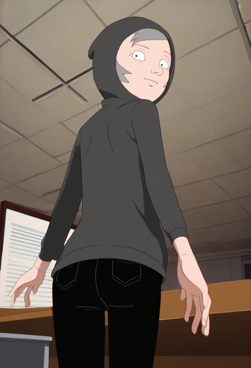 leslie_hood_on, 1girl, gilf, wrinkles, short grey hair, small black eyes, brown sweater, black pants, black ballerina, hood on, score_9_up, score_8_up, score_7_up, BREAK, 1girl, solo, from behind, looking back, from below, low-angle shot, butt focus, head tilt, looking at viewer, ultra detailed, detailed background, office, masterpiece, best quality, 8k, Expressiveh,