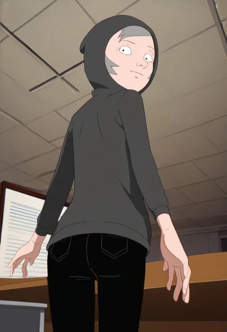 leslie_hood_on, 1girl, gilf, wrinkles, short grey hair, small black eyes, brown sweater, black pants, black ballerina, hood on, score_9_up, score_8_up, score_7_up, BREAK, 1girl, solo, from behind, looking back, from below, low-angle shot, butt focus, head tilt, looking at viewer, ultra detailed, detailed background, office, masterpiece, best quality, 8k, Expressiveh,