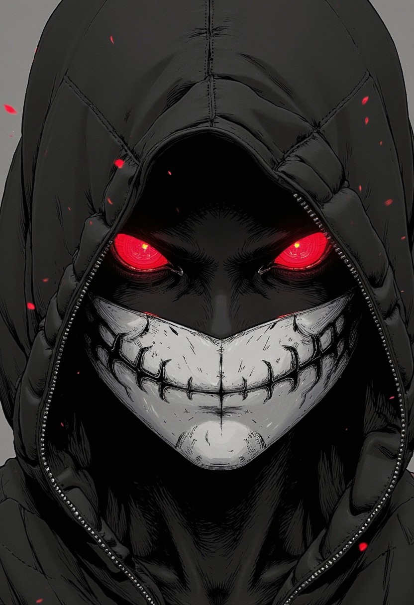 nistyle, monochrome Manga Sketch, extreme pointed hood Closeup, a dark ethereal sss ghosts black hood, translucent Killing Gaze smile, eerie, eyes Shrouded in darkness, hyperdetailed manga sketch style, with bleached vibrant colorful neon color Highlights, grey, and white color grading. Translucent sss Colorful Backdrop with Glitch effects in another contrast application