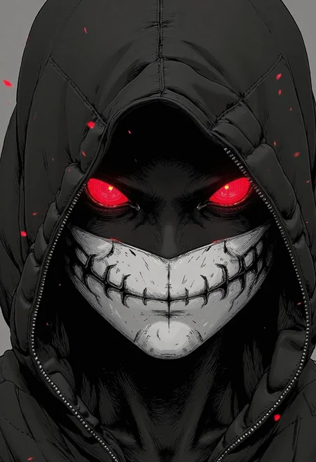 nistyle, monochrome Manga Sketch, extreme pointed hood Closeup, a dark ethereal sss ghosts black hood, translucent Killing Gaze smile, eerie, eyes Shrouded in darkness, hyperdetailed manga sketch style, with bleached vibrant colorful neon color Highlights, grey, and white color grading. Translucent sss Colorful Backdrop with Glitch effects in another contrast application