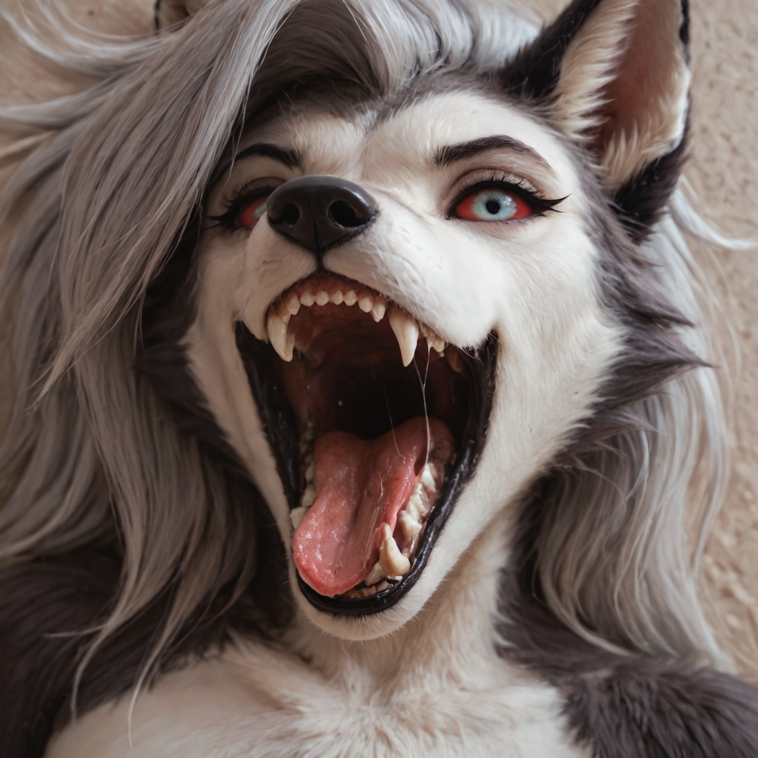
Masterpiece, best quality, amazing quality, female, furry, loona_helluva_boss, wolf, anthro, solo, seductive look, lidded eyes, realistic proportions, headshot, mawshot, open mouth, tongue, sharp teeth, saliva, vore, imminent vore, mouth invitation, seductive smile, smug, close up, side view, view from above,  abstract background, fluffy fur, detailed fur, beautiful photo, close up, realistic lighting, masterpiece, high quality, score_9, score_8_up, score_7_up, score_6_up, score_5_up, source_furry, closeup, maw shot, detailed teeth, canine teeth, detailed eyes, 

High Angle from above, from above, High Angle style