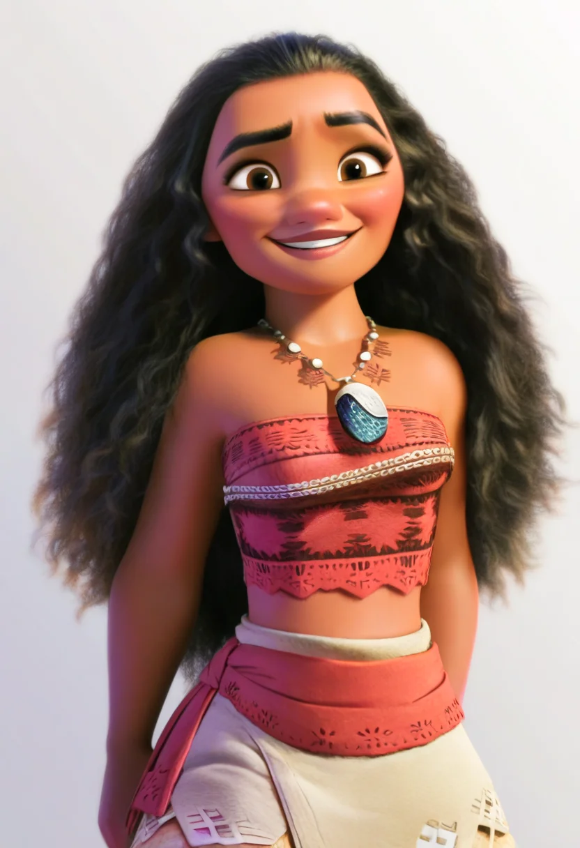 best quality, amazing quality, very aesthetic, absurdres,
 1girl, moana, black hair, long hair, brown eyes, curly hair, dark skin,
midriff, necklace, strapless, tube top, skirt,
smile, upper body,
looking at viewer, solo, simple background, white background,   <lora:MoanaNoobXL_byKonan:1>