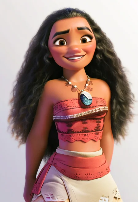 best quality, amazing quality, very aesthetic, absurdres,
1girl, moana, black hair, long hair, brown eyes, curly hair, dark skin,
midriff, necklace, strapless, tube top, skirt,
smile, upper body,
looking at viewer, solo, simple background, white background, <lora:MoanaNoobXL_byKonan:1>