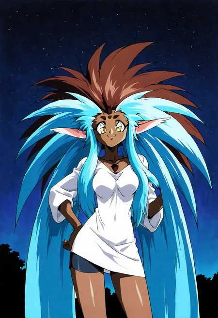 (masterpiece, best quality, good quality, very aesthetic, absurdres, newest:1.2), solo, curvy, beautiful eyes, 1girl, solo, medium breasts, zzRyouOuki, long hair, animal ears, dark skin, multicolored hair, blue hair, brown hair, yellow eyes, dark-skinned female, two-tone hair, spiked hair, very long hair, big hair, furry female, oversized shirt, retro artstyle, gentle smile, looking at viewer, white shirt, short shorts, outdoors, night, starry sky, <lora:RyouOuki_NAI:1.0>, cowboy shot, hand on hip, smug, smile, looking at viewer, shiny skin,