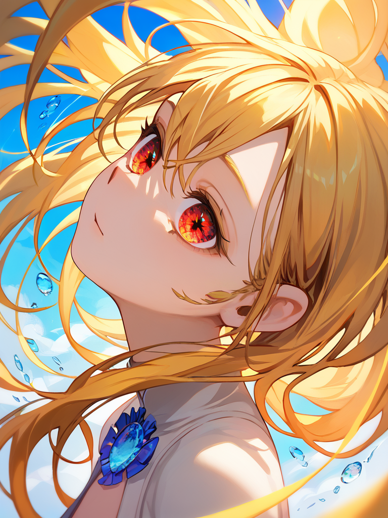 PDXL, <lora:OpalEyesV1Pony:1>, opal_eyes, 1girl, cute face, detailed eyes, short yellow hair, detailed red eyes, close-up, floating