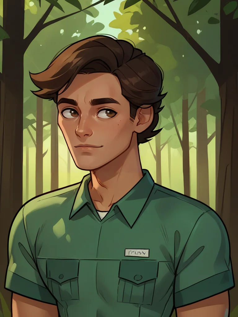 portrait of trevor_dvc man, tan skin, short dark brown hair, green shirt, dark brown eyes, forest background, <lora:Trevor_Disventure_Camp:.8>, score_9, score_8_up, score_7_up, <lora:Smooth Anime 2 Style SDXL_LoRA_Pony Diffusion V6 XL:.3> <lora:add-detail-xl:.8> zPDXL3,