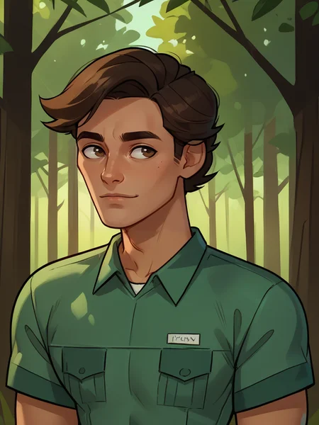 portrait of trevor_dvc man, tan skin, short dark brown hair, green shirt, dark brown eyes, forest background, <lora:Trevor_Disventure_Camp:.8>, score_9, score_8_up, score_7_up, <lora:Smooth Anime 2 Style SDXL_LoRA_Pony Diffusion V6 XL:.3> <lora:add-detail-xl:.8> zPDXL3,
