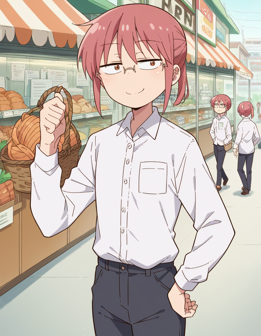 score_9, score_8_up, score_7_up, source_anime, <lora:dragon-kobayashi-s2-ponyxl-lora-nochekaiser:1>, kobayashi, ponytail, pink hair, glasses, short hair, brown eyes,, shirt, long sleeves, white shirt, collared shirt, pants, black pants, office lady,, farmers market, fresh produce, local vendors, baskets, sunny day, community, smile, , smug, hand on hips,, solo,, dutch angle,