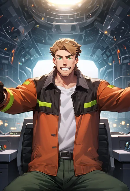 core_9, score_8_up, score_7_up, score_6_up, perfect anatomy, perfect proportions, best quality, masterpiece, high_resolution, high quality, solo male, Gagumber, brown hair, two-tone hair, sideburns, facial hair, stubble, green eyes, thick eyebrows, white tank top, (jacket on shoulders, orange high-visibility bomber jacket, floating jacket), bare shoulders, bare arms, black gloves, green work pants, sitting in a huge industrial mecha, mecha cockpit, operator's seat, mecha joystick, outstretched arms, outstretched legs, spread legs, ((2 hands holding joysticks)), multiple monitor screen, science fiction, adult, mature, masculine, manly, handsome, charming, alluring, serious, intense eyes, v-shaped eyebrows, open mouth, grin, ((upper body)), cinematic still, emotional, harmonious, vignette, bokeh, cinemascope, moody, epic, gorgeous