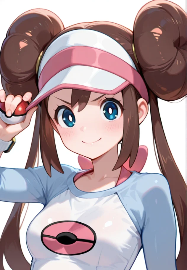 masterpiece, best quality, amazing quality, very aesthetic, absurdres, newest, detailed background,
rosa, 1girl, solo, long hair, looking at viewer, blush, smile, blue eyes, shirt, brown hair, hat, holding, bow, closed mouth, twintails, collarbone, upper body, sidelocks, hand up, hair bun, v-shaped eyebrows, eyelashes, double bun, white headwear, pink bow, bright pupils, white pupils, watch, poke ball, visor cap, hand on headwear, wristwatch, poke ball (basic), holding poke ball, raglan sleeves, poke ball print, poke ball symbol, doughnut hair bun
<lora:Rosa_-_Pokemon_Illustrious:1>