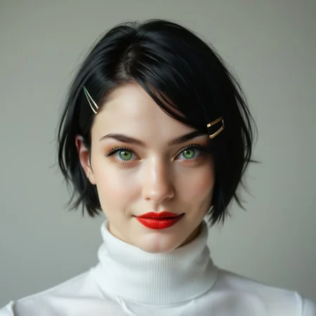portrait, light makeup, neoteny, 18 years old, soft jaw, puffy mouth, large eyes, perfect yes, turtleneck white shirt, skinny , narrow face, european, face close up, 1girl, solo, black hair, bobcut, hairpins, glossy red lipstick, lips, looking at viewer, realistic, grey background, smirking, simple background, face, green  eyes, upper body, eyelashes, close-up, nose, eyebrows, indoors, bright lighting, artistic shot, perfecteyes