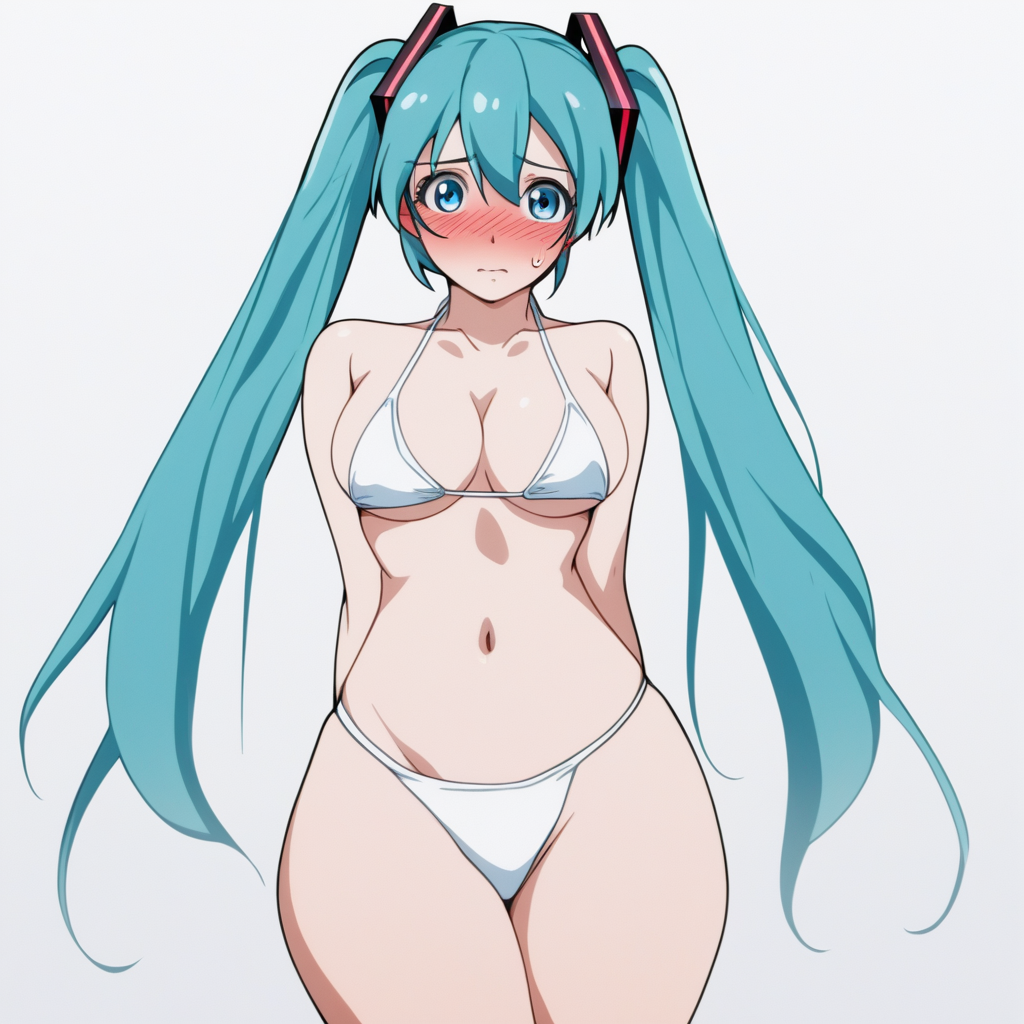 score_9, score_8_up, score_7_up, source_anime, expressive, anime, (T5UM4N3T0R1:1.2), Artist speedlines, dynamic, 1girl, (hatsune_miku), aqua hair, twintails, blue eyes, (white bikini), large breasts, skinny, thick thighs, navel, standing, shy, blush, blushing, embarrassed, sensual, horny, longing, looking at viewer, source_hentai, simple background