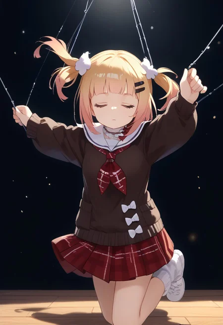 masterpiece,
best quality,
score_9,
score_8_up,
score_7_up,
anatomically correct,
highly visible,
source_anime,
black background,
wooden floor,
spotlight,
1girl,
solo,
marionette,
NeneCasual,
twin tail,
pom pom hair ornament,
hairclip,
brown sweater,
white sailor collar,
red neckerchief,
red skirt,
plaid skirt,
loose socks,
closed eyes,
closed mouth,
parted lips,
hugging self,
(((arms suspension))),
(((string))),