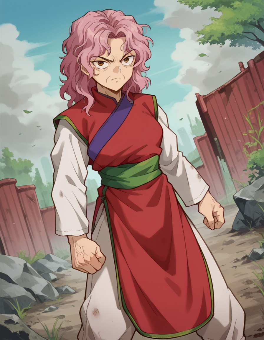 score_9, score_8_up, score_7_up, source_anime,
yyhgenkai, <lora:yyh-genkai-anime-ponyxl-lora-nochekaiser:1>,
genkai, long hair, brown eyes, pink hair, wrinkled skin, 
long sleeves, pants, sash, chinese clothes,
outdoors, wasteland,
looking at viewer, dutch angle, cowboy shot,