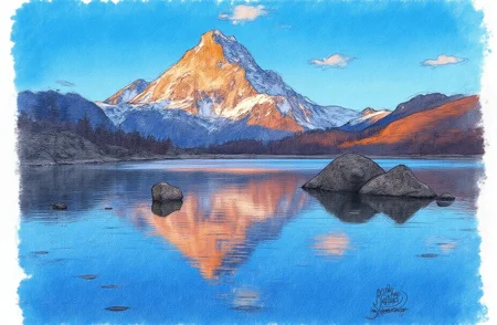 Sharp image of a rough sketch, rendered in vibrant multi colour ballpoint pen, capturing the adorable features of a landscape portait of a mountain peak reflected in a calm lake. The mountain is covered in snow and the peak is illuminated by the setting sun, casting a warm orange glow over the scene. The sky is a deep blue with a few wispy clouds scattered across it. In the foreground, there are two large rocks jutting out of the water, creating a mirror-like effect. The overall mood of the image is peaceful and serene.  p3nsk, <lora:p3nsk:1>