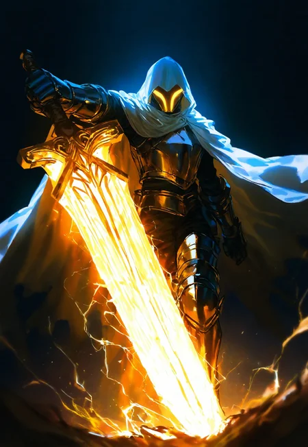 masterpiece, best quality, newest,absurdres,highres,
artist:john_kafka, artist:nixeu, artist:quasarcake,
gritty, original,
foreshortening, perspective, dynamic angle, dynamic perspective angle, very aesthetic, Dynamic pose, top view,
A stunning, highly detailed dark fantasy full body illustration of a proud angelical warrior wearing intricate medieval white HKStyle armor and an epic white ornamented mask, holding a great golden glowing sword, golden and blue glooming eyes, very wide shoulders, wearing big gauntlets, epic composition. The warrior stands heroic with a flowing cloak and white hood during a storm with foggy gloom, thunderclouds in the background . The scene depicts him with brooding emotional agony , style by Greg Rutkowski, by Milo Manara and Russ Mills, with insanely intricate details and textures, gloomy dramatic lighting, 8K resolution