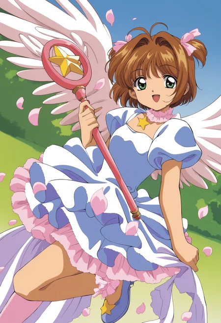 score_9, score_8_up, source_anime, (score_7_up, score_6_up:0.8) ,uncensored, rating_explicit, source_anime, official art, masterpiece, highres, BREAK
1girl, kinomoto sakura, 1990s (style), retro artstyle,  brown hair, green eyes, short hair,antenna hair,  bangs,two side up,  looking at viewer,
white dress, layered dress,star choker,bridal garter, hair ribbon,puffy short sleeves,asymmetrical legwear,frills, pink ribbon,uneven legwear, long single thighhigh,
holding wand,star wand,
petals,softlighting
<lora:木之本樱pony:0.65>
flying, wings,Dutch angle,high heels, from side,
<lora:Card Captor Sakura Anime_XL_PONY:0.3>