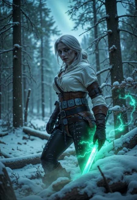 CiriW, the ashen-haired warrior princess, stands amidst a snow-covered forest, her piercing emerald eyes glowing with determination. Her silver-white hair flows in the cold wind, framing her scarred yet resolute face. She wears her iconic white tunic, intricately detailed with weathered straps and steel accents, her sword sheathed at her side, glowing faintly with an ethereal light. A soft mist rises from the forest floor, and faint auroras dance in the night sky above. Her pose is confident yet watchful, a warrior and a survivor ready to confront the unknown. CiriW, female Witcher, ashen-haired, emerald eyes, white tunic, sword, snow-covered forest, ethereal glow, auroras, confident pose, masterpiece, ultra-detailed, 8K high definition, cinematic lighting, maximum image detail, fantasy realism, dynamic atmosphere.