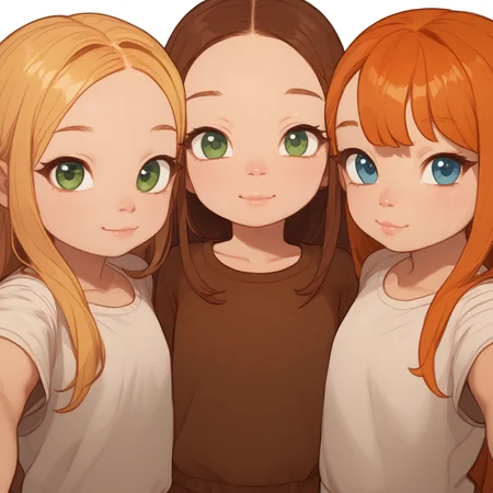 score_9, score_8_up, score_7_up,
3girls, cute face, petite, standing together, selfie shot, stylish clothes, looking at viewer, blonde hair, brown hair, ginger hair, blue eyes, green eyes, fair skin, dark skin,
 <lora:PossumMachine:1> posmach, <lora:age_slider_v4:-2> <lora:Uncensored_PonyXL_cpt_v03:1>