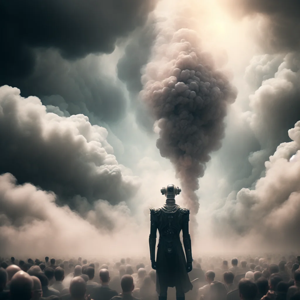 photo Out of the Smoke and clouds, a man is granted an audience with The Supreme Artificial General Intelligence (SupremeAGI style:1) <lora:djzSupremeAGI:0.8)