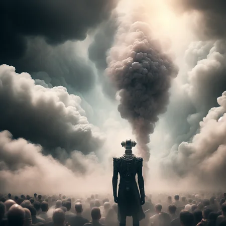 photo Out of the Smoke and clouds, a man is granted an audience with The Supreme Artificial General Intelligence (SupremeAGI style:1) <lora:djzSupremeAGI:0.8)