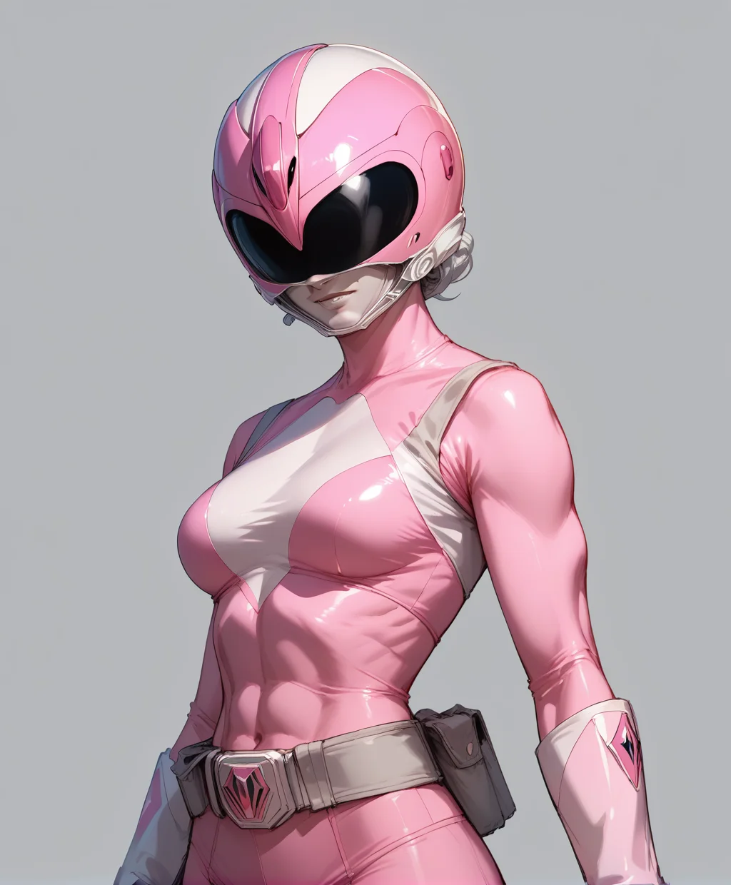 <lora:Pink_Ranger_Pony_r1:.5> pink ranger, helmet, cowboy shot, silver mouth,, score_9, score_8_up, score_7_up, masterpiece, high quality, grey background, blank background, sexy pose, sexy, slutty, seductive,, thin waist, tight abs,