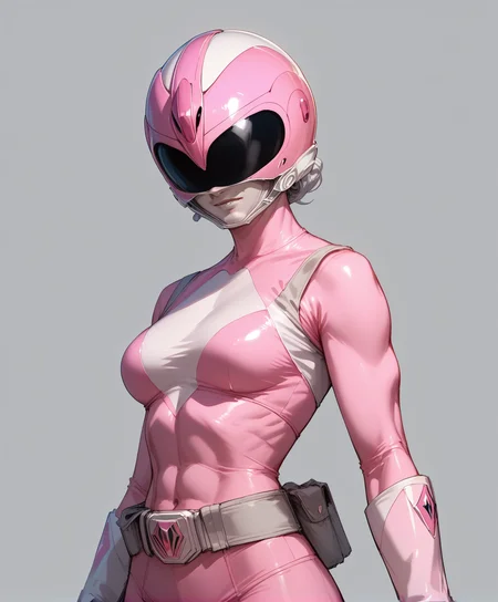 <lora:Pink_Ranger_Pony_r1:.5> pink ranger, helmet, cowboy shot, silver mouth,, score_9, score_8_up, score_7_up, masterpiece, high quality, grey background, blank background, sexy pose, sexy, slutty, seductive,, thin waist, tight abs,